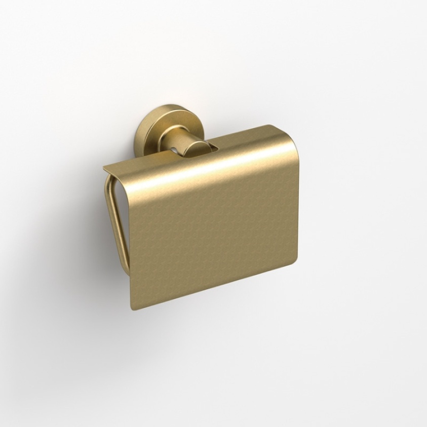 Close up product image of the Origins Living Tecno Project Brushed Brass Toilet Roll Holder with Flap